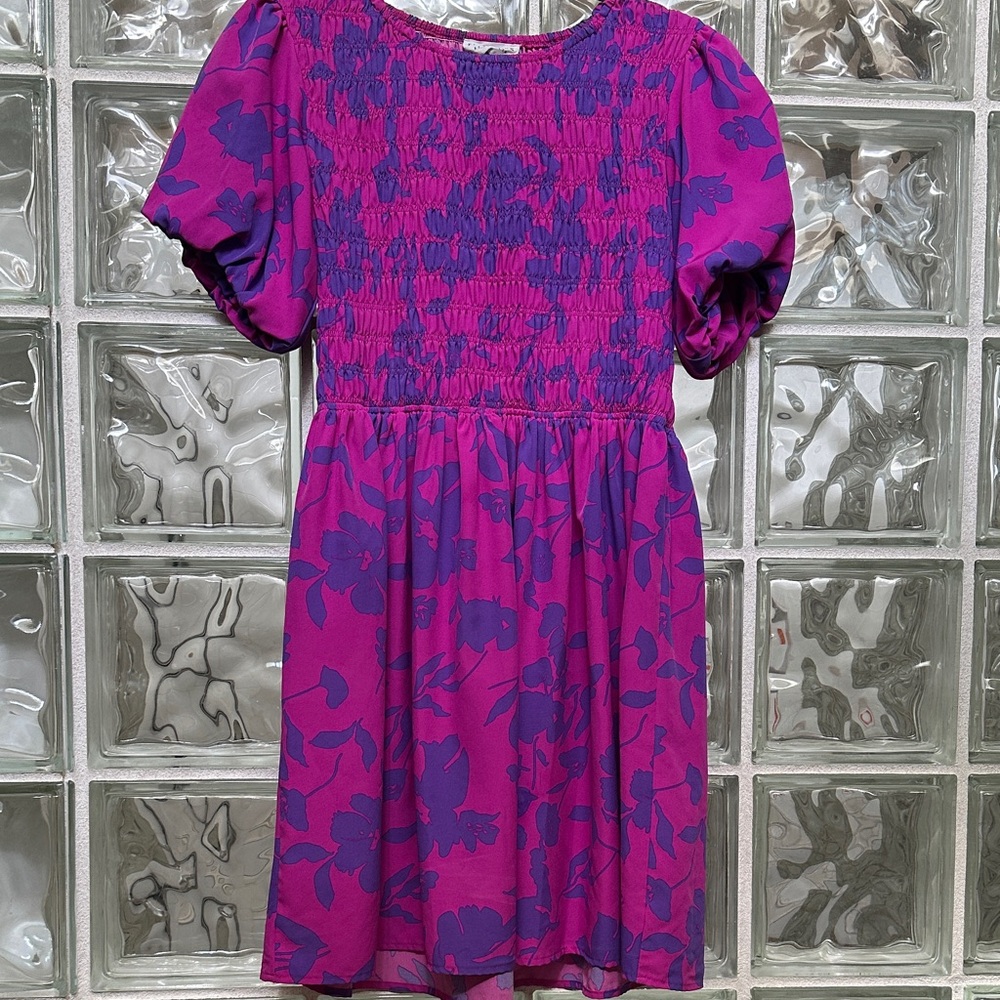 First Love Magenta and Purple Floral Smocked Casual Dress